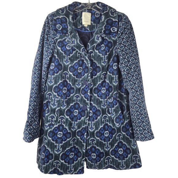 Elevenses Anthropologie Coat Size 4 S Blue Green Ikat Velvet Mod Floral Jacquard - Picture 2 of 9